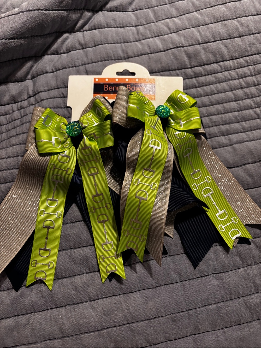 Equestrian Green & Gold Kids Hair Bow Set